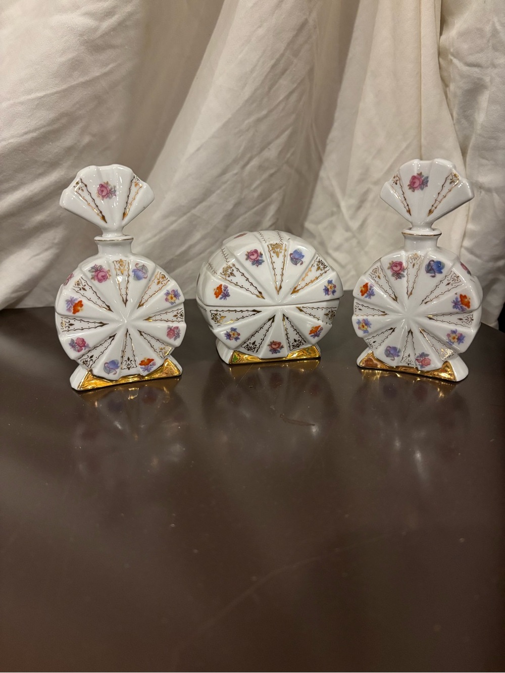 Porcelain Floral Fan Bottle Decorative Accent - White with Gold Trim